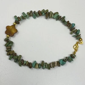 Handmade Anklet Green Brown Magnesite Stone Chip Beads with a Brown Shell Flower - Picture 1 of 3
