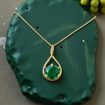 Шикарный 14K желтое золото каплевидная подвеска ожерелье с круглый зеленый драгоценный камень - Изображение 1 из 4