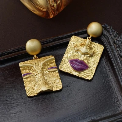 Gold Face Earrings Purple Accent Statement Earrings Women's Jewelry - Image 1 of 4