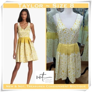 Taylor Brand Yellow White Embroidered Floral Fit & Flare Dress Womens Size 8 - Picture 1 of 8