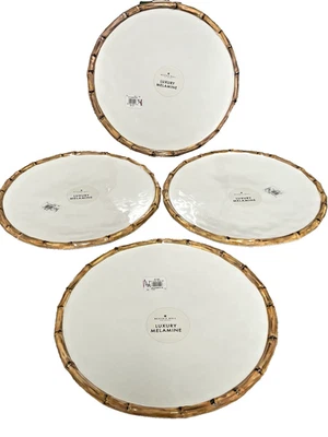 Juego ~ 4 platos de cena VIDA 11" melamina blanco/borde natural cerámica granero NUEVO Foto 1 de 4