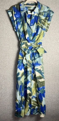 NUEVO CON ETIQUETAS Maggy London Verde Azul Floral Botánico Lino Camisa Envolvente Maxi Vestido PEQUEÑO/4 Foto 1 de 4