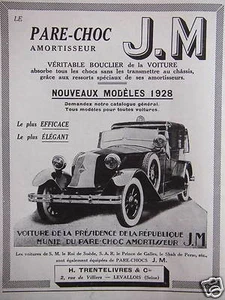 PUBLICITÉ PRESSE 1928 J.M PARE CHOC AMORTISSEUR VÉRITABLE BOUCLIER DE LA VOITURE - Picture 1 of 1
