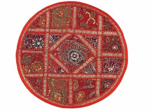 Red Round Lounge Floor Pillow Cover - Sari Patchwork Big Living Room Cushion 26" - Picture 1 of 4