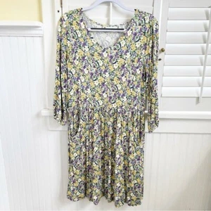 Ella Simone Yellow & Purple Ditsy Floral Cottagecore Pocket Dress Size Small - Picture 1 of 7