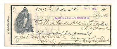 1914 Richmond, VA Check, draft, golden eagle vignette - Image 1 of 4