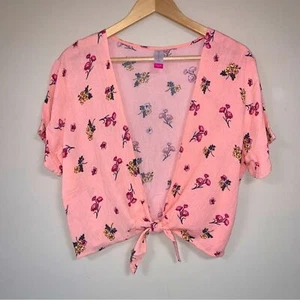 Pink Peach Floral Boho Tie Front Crop Top Short Sleeve Summer Beach Flowy Loose - Picture 1 of 4