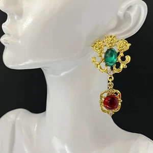 Orecchini stile designer francese dichiarazione rosso Gripoix resina oro traforato barocco - Foto 1 di 8
