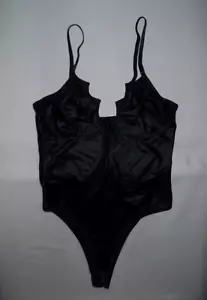 Romwe bat wing neckline faux leather bodysuit S black nip goth - Picture 1 of 2