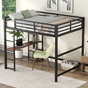 Full Size Metal Loft Bed with Built-in Desk and Storage Shelves, Black - Picture 1 of 12