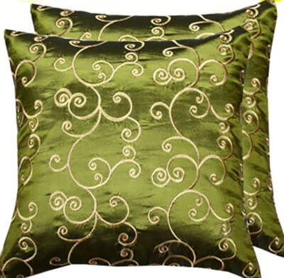 2 Thai Silk Decor Throw Pillow Cushion Cover Cases Sofa Floral Green Olive 16" - Image 1 of 2
