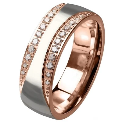 Art Deco Rose Gold Anniversary Ring Stainless Steel Cubic Zirconia Wedding Band - Image 1 of 4