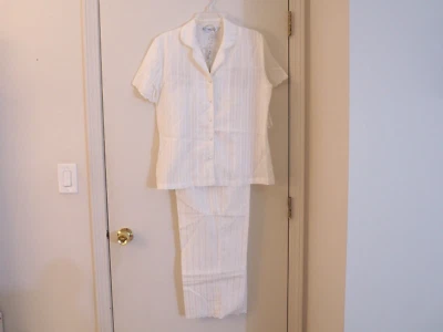 NWT NAUTICA Ivory Cotton/Silk Striped Embroidery Short Sleeve Pajama Set Size M - Image 1 of 4