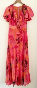 Forever Unique Orange Pink Floral V Neck Flutter Sleeve Maxi Long Dress UK 10 - Picture 1 of 4