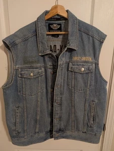 HARLEY DAVIDSON MOTORCLOTHES EMBROIDERED PATCH Denim Jean Jacket Vest Blue 2XL - Picture 1 of 8