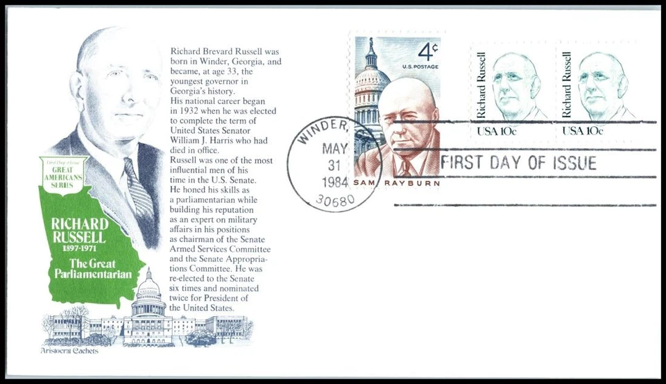 1984 Richard Russell 10c Great Americans FDC Aristocrats Cachet Sc 1853 Politics - Image 1 of 1