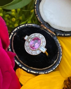 Art Deco Style Oval Pink Sapphire and Lab Created Diamond 14K White Gold FN Ring - Picture 1 of 19