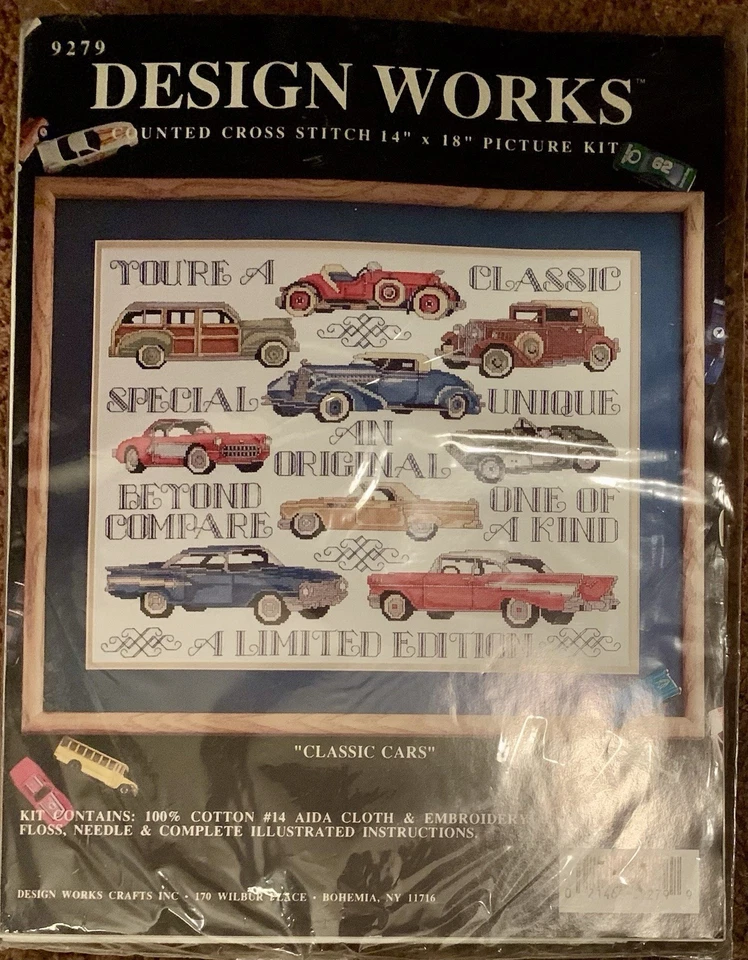 Kit de punto de cruz contado Design Works "Coches clásicos" #9279 hilo de tela de algodón Foto 1 de 2