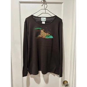 Quacker factory large Tiger Embroidery Brown Crew Neck Sweater Grandma Cottage - Picture 1 of 4