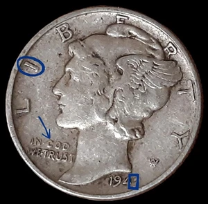 1942/41 Mercury Dime Errors: LJBERTY-Die Chips O & R-Filled on Date, GOD in Moto - Picture 1 of 8