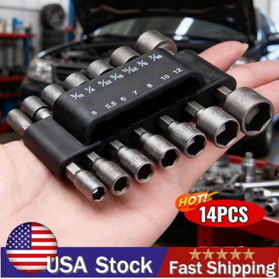 Juego de brocas de destornillador de tuerca eléctrica de 14 piezas cambio rápido MM y SAE impacto vástago hexagonal de 1/4" EE. UU. Foto 1 de 4