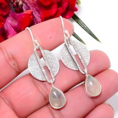 Серьги ручной работы из окисленного серебра 925 пробы Prehnite - Южная Африка 1,95 дюйма Su37 - Изображение 1 из 4