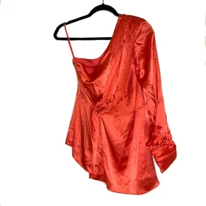 NEW Cinq A Sept Stace One Shoulder Satin Silk Blouse Neon Coral MEDIUM - Picture 1 of 10