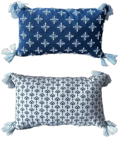 REVERSIBLE linen throw pillow tassels navy light blue embroidered 14x24 BOHO - Picture 1 of 8