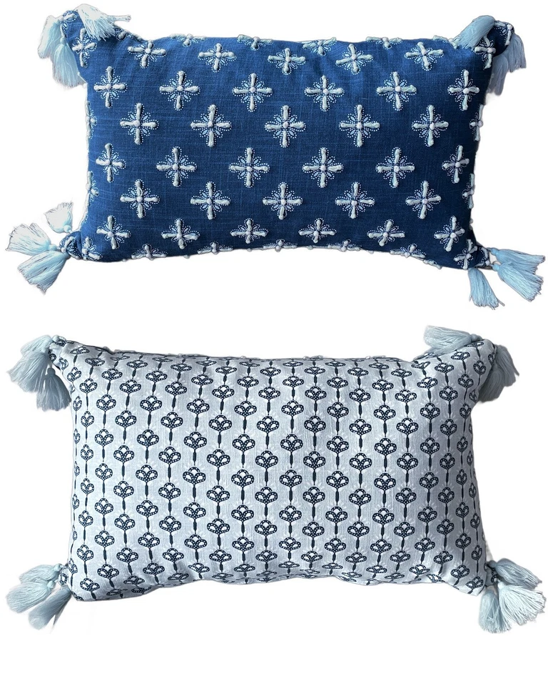 REVERSIBLE linen throw pillow tassels navy light blue embroidered 14x24 BOHO - Image 1 of 4