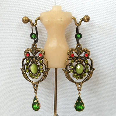 Michal Negrin Earrings Statement Green Victorian Large With Swarovski Crystals - Image 1 of 4