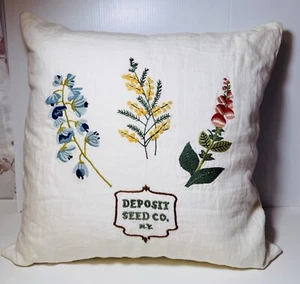 Handbesticktes Deposit Seed Co NY Leinenkissen weiß Gänsefedern 18”x18” - Bild 1 von 7