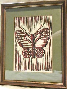Vintage Framed Black & Rust Butterfly Block Print on Hand Made Paper , Signed - Picture 1 of 7