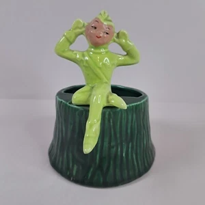 Vintage 50s Lime Green Pixie Elf Ceramic Planter Dish 5.5"x4" Unmarked - Picture 1 of 9