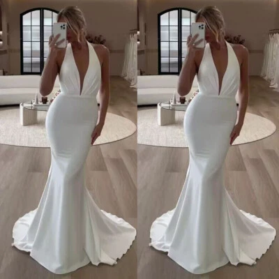 Halter Neck Mermaid Wedding Dresses Sexy Backless Pleated Satin Bridal Gowns New - Image 1 of 4
