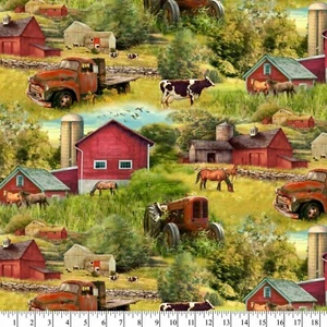 David Textiles Country Farm Precut Sewing Fabric Red Barn Animals Cotton 1-Yard - Picture 1 of 2