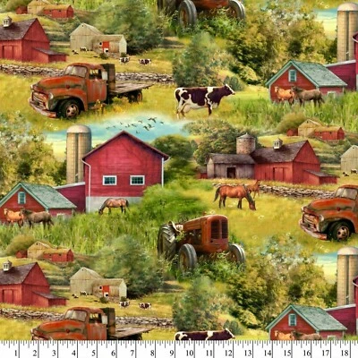 David Textiles Country Farm Precut Sewing Fabric Red Barn Animals Cotton 1-Yard - Image 1 of 2