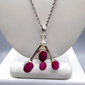 Modernist Pearl and Red Spinel Pendant in Sterling Silver on Silver Tone Rope - Picture 1 of 6