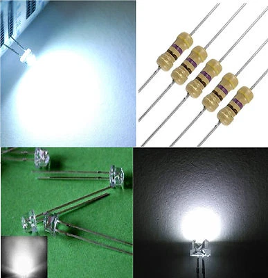 10 Pz. DIODI LED BIANCO FREDDO STRAW HAT 5mm alta luminosità 170° + RESISTENZE - Immagine 1 di 2