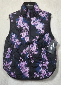 Skechers  Womens Puffer Vest Black W/ Purple Floral Winter Bloom Reversible NWT - Picture 1 of 15