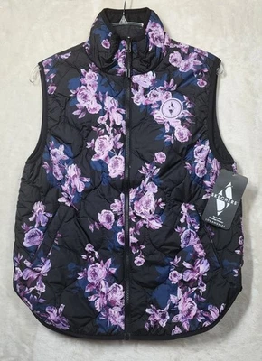 Skechers  Womens Puffer Vest Black W/ Purple Floral Winter Bloom Reversible NWT - Image 1 of 4