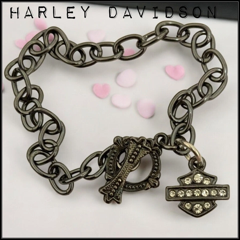 HARLEY DAVIDSON Bracelet Rhinestone Bar & Shield Charm Gunmetal Gray Chain  - Image 1 of 4