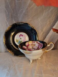 Royal Sealy china Japan cup and saucer Black & Pink Flowers Trimmed in Gold 