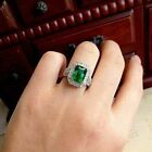Emerald Cut Simulated Green Emerald Halo Engagement Ring 14k White Gold Plated