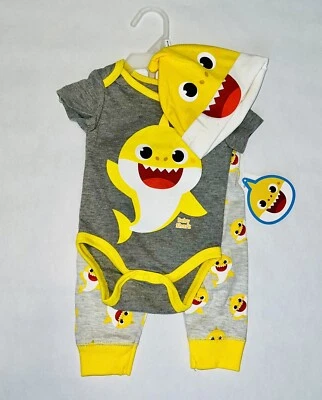 NUEVO* Conjunto de Conjunto de Tiburón Bebé - Conjunto de 3 PIEZAS Recién Nacido - Body Pantalones Sombrero - 0-3M Foto 1 de 2