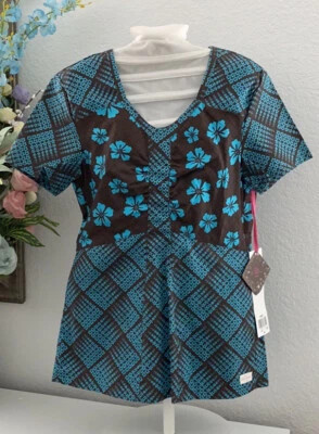Blusa Médica Live Sweet Uniform para Mujer XS Azul Turquesa Marrón Estampado Floral Nueva con Etiquetas Foto 1 de 4