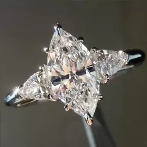 14K White Gold Plated Simulated Marquise Cut Diamond Women's Halo Ring - Picture 1 of 7