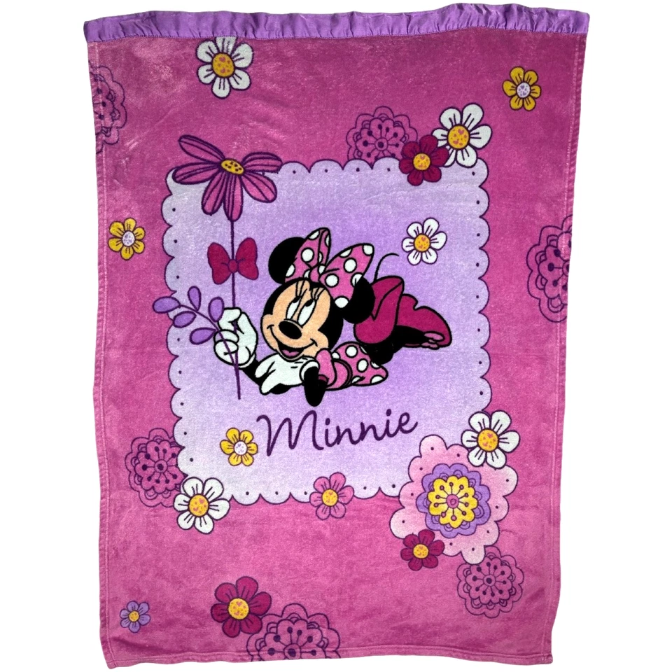 Флисовое одеяло Disney Minnie Mouse розовое фиолетовое атласная верхняя отделка цветок ромашки 40x50 - Изображение 1 из 4