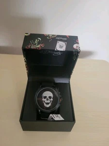 ED HARDY GOTH MATTE BLACK SILVER SKULL MEN'S SILICONE STRAP WATCH**NEW! - Picture 1 of 1