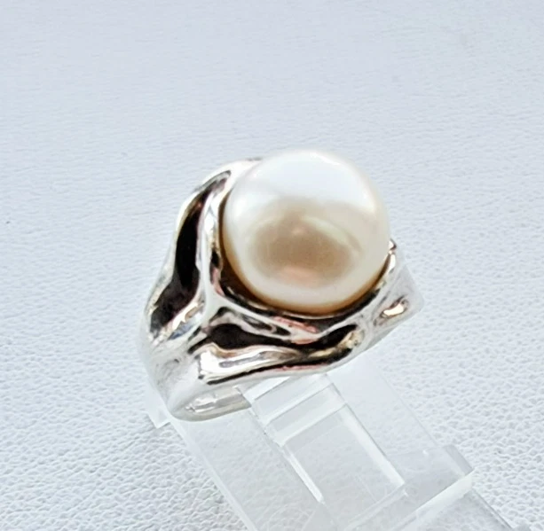 HG ISRAEL DISEÑADOR PLATA DE LEY 925 NATURAL 9,8 mm.  ANILLO PERLA TALLA 5.5 Foto 1 de 4