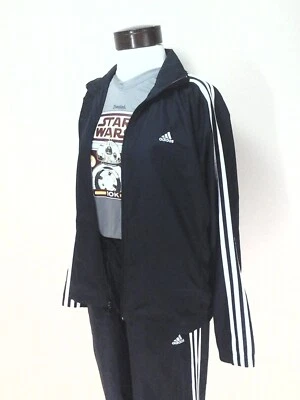 ADIDAS Track Suit Jacket w Pants Black White Sewn Logo Retro 2005 Women's L RARE - Image 1 of 4